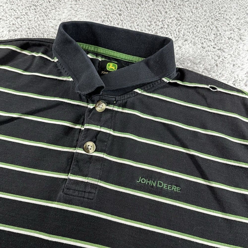Vintage John Deere Shirt Mens XL Black Green Collar Polo Stripe Outdoors Utility